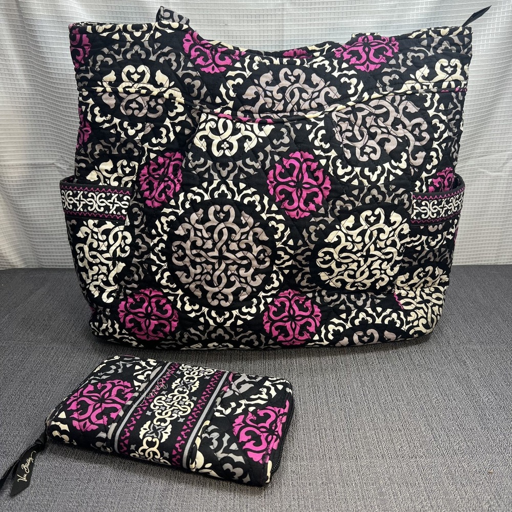 Retired Vera Bradley Pleated Tote‎ Magenta Pink Quilted Weekender  & Wallet READ